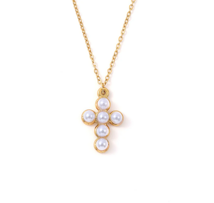 Essie Pearl Cross Pendant Dangling Necklace Stainless Steel