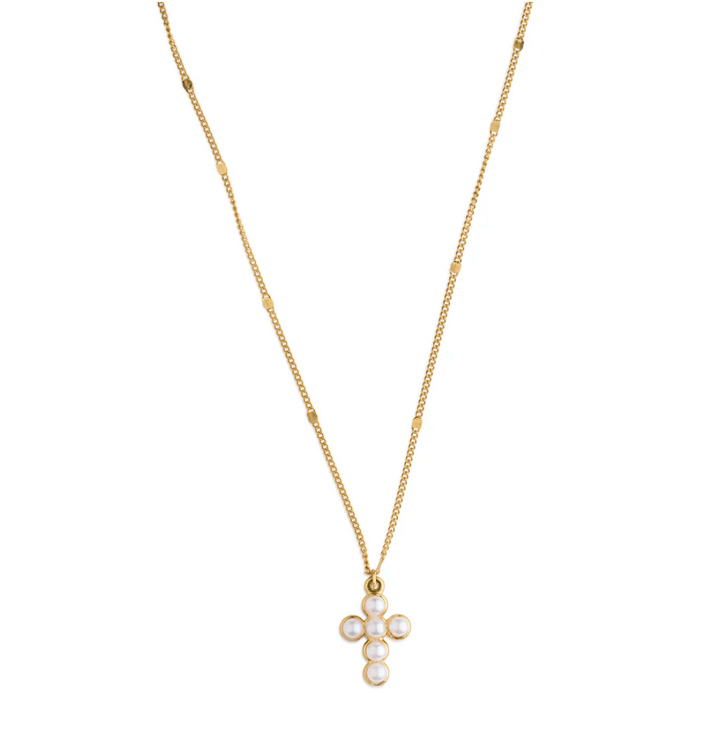 Essie Pearl Cross Pendant Dangling Necklace Stainless Steel
