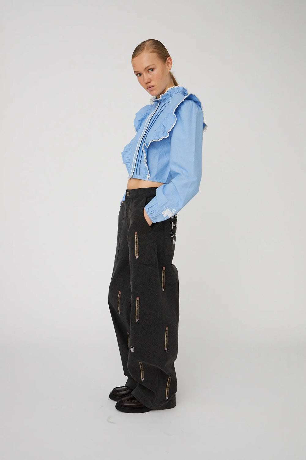 Chambray Cropped Frill Shirt
