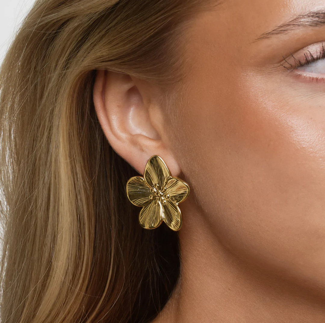 Maebry Statement Flower Stud Earrings Gold Stainless Steel