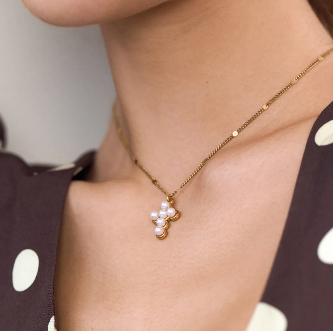 Essie Pearl Cross Pendant Dangling Necklace Stainless Steel