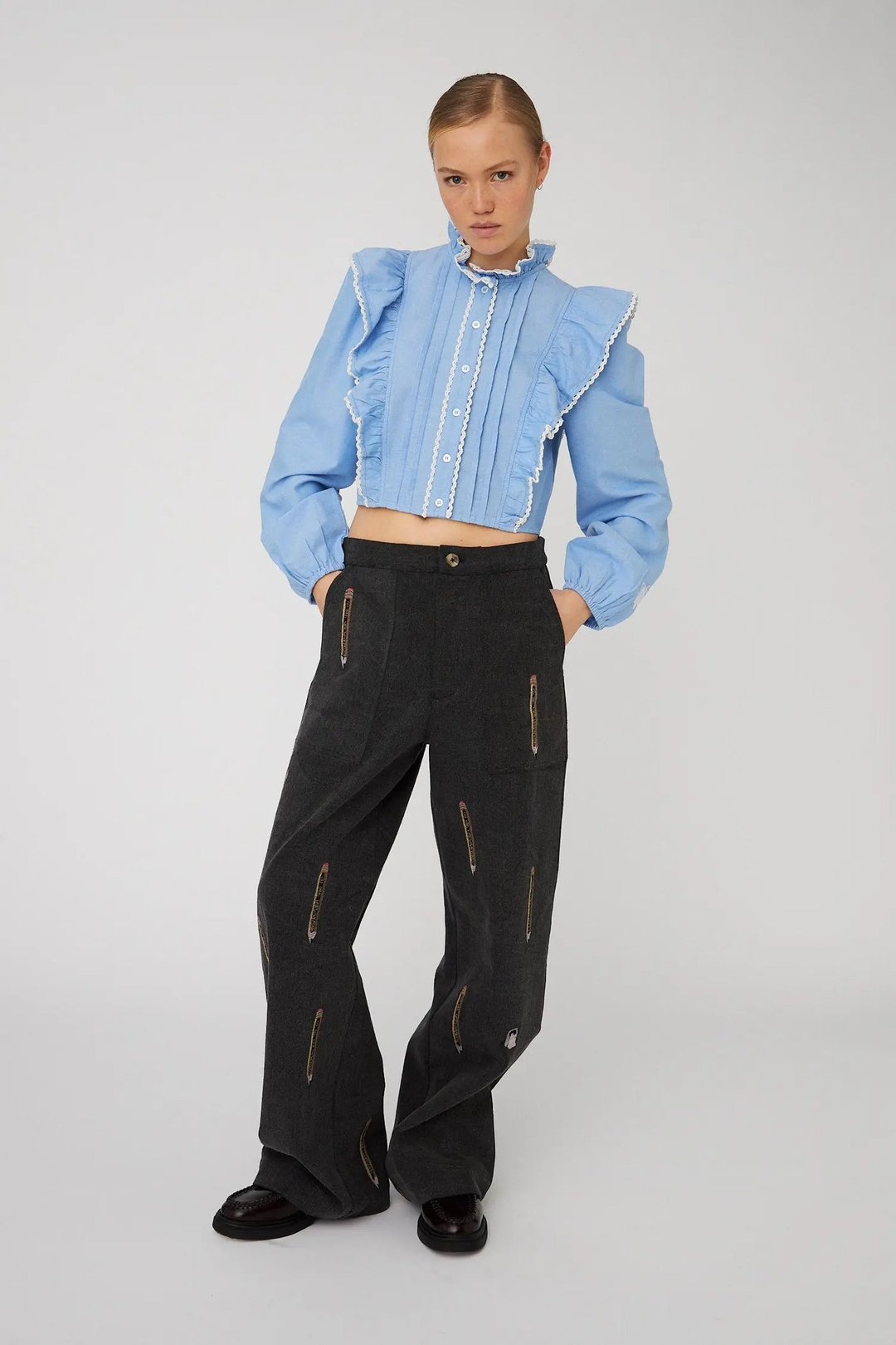 Chambray Cropped Frill Shirt