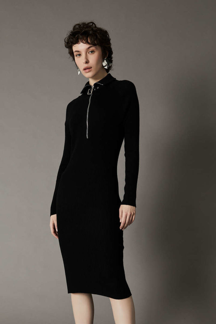 FITTED KNIT DRESS W/COLLAR