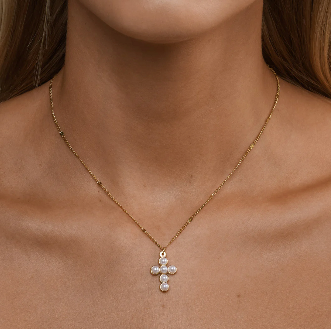 Essie Pearl Cross Pendant Dangling Necklace Stainless Steel