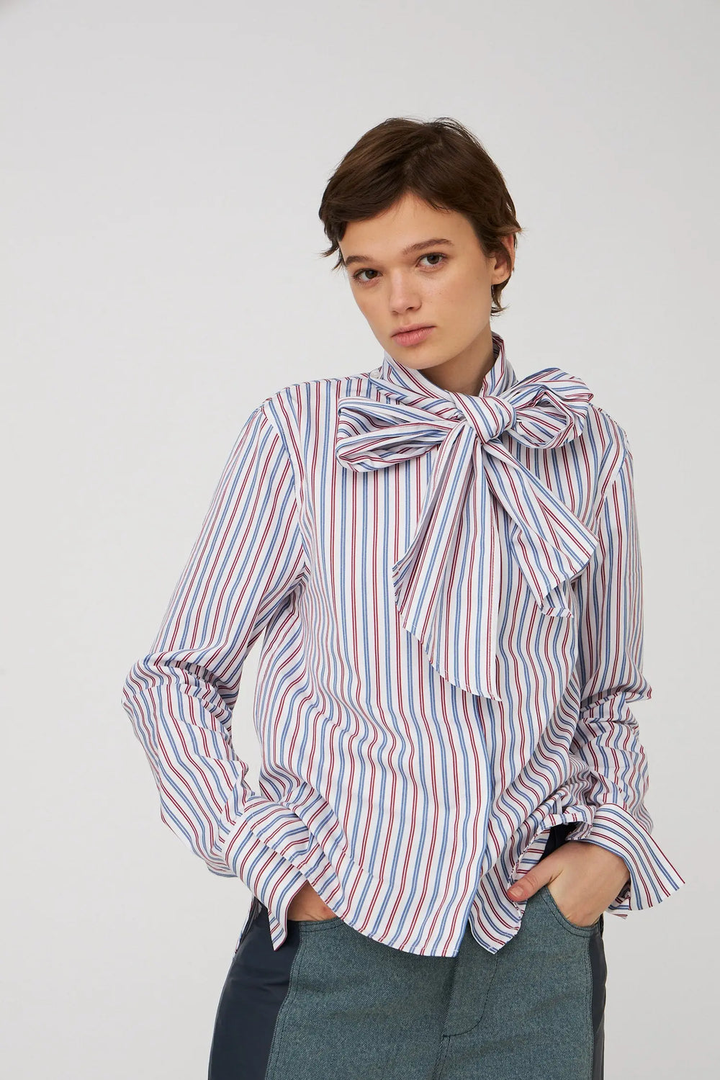 Cotton Striped Bow Shirt