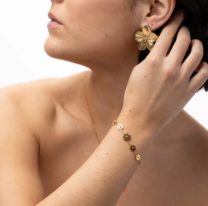 Maebry Statement Flower Stud Earrings Gold Stainless Steel