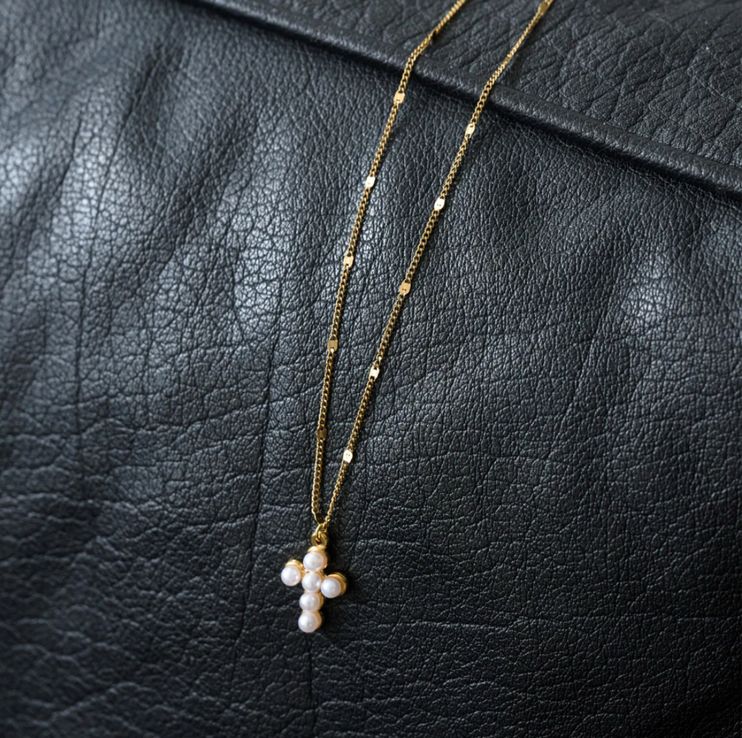 Essie Pearl Cross Pendant Dangling Necklace Stainless Steel