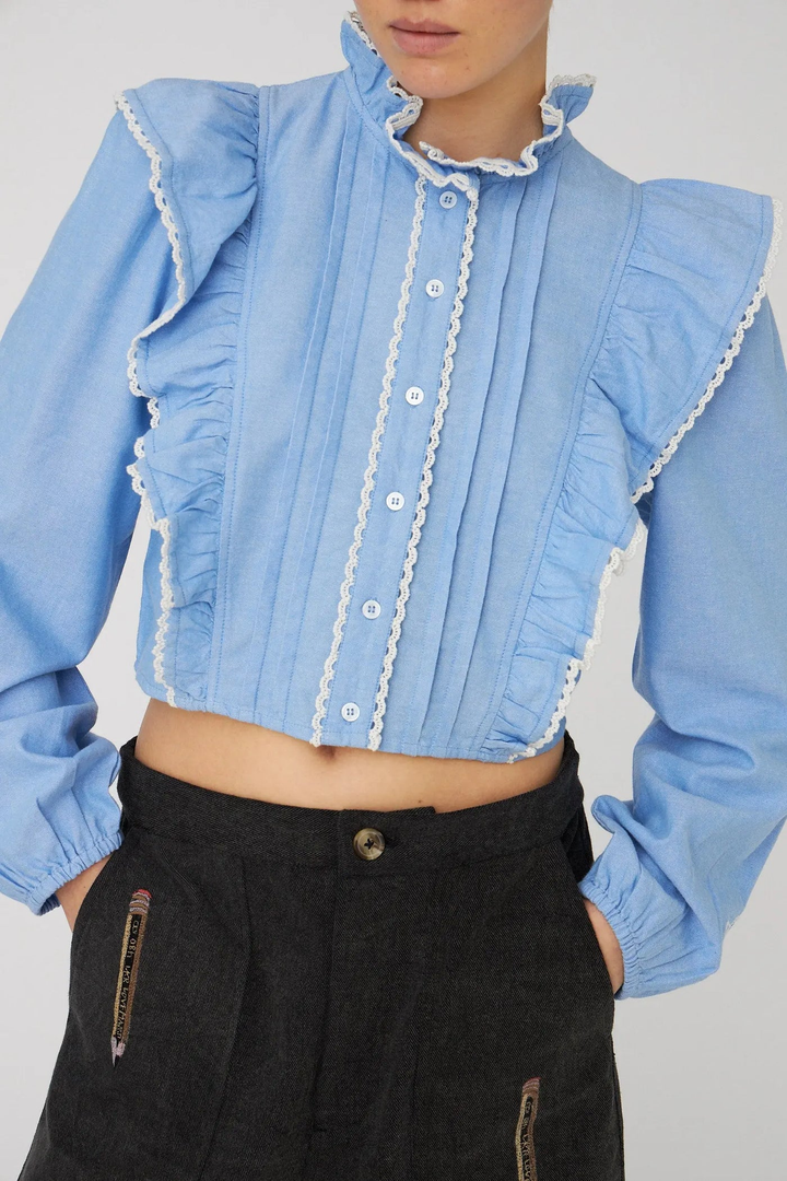 Chambray Cropped Frill Shirt
